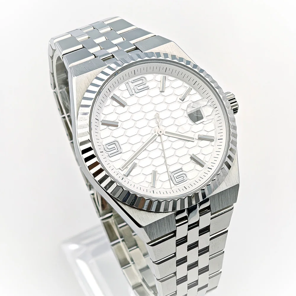 39.5mm メンズ シルバー ケース ウォッチ NH35 ムーブメント フルボディ ミラー サファイア ダイヤル 33.8mm 高品質時計部品 NH35 ダイヤルに適合