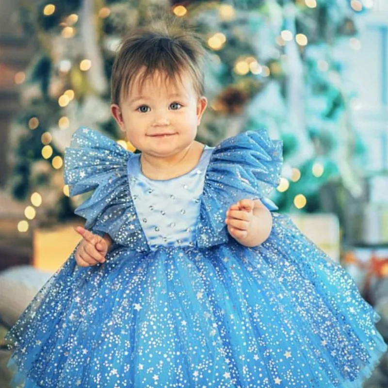 

Summer 0-5-years old Baby's First Birthday Party Girl's Princess Dress Mesh Fluffy Sequin Flying Sleeves Girl's Dress