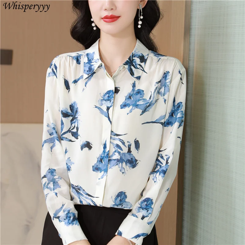 Blue Printed Long-sleeved Shirt Women Clothes Fashion Casual Lapel Chemise Femme Spring Autumn Korean Button Blouse Female