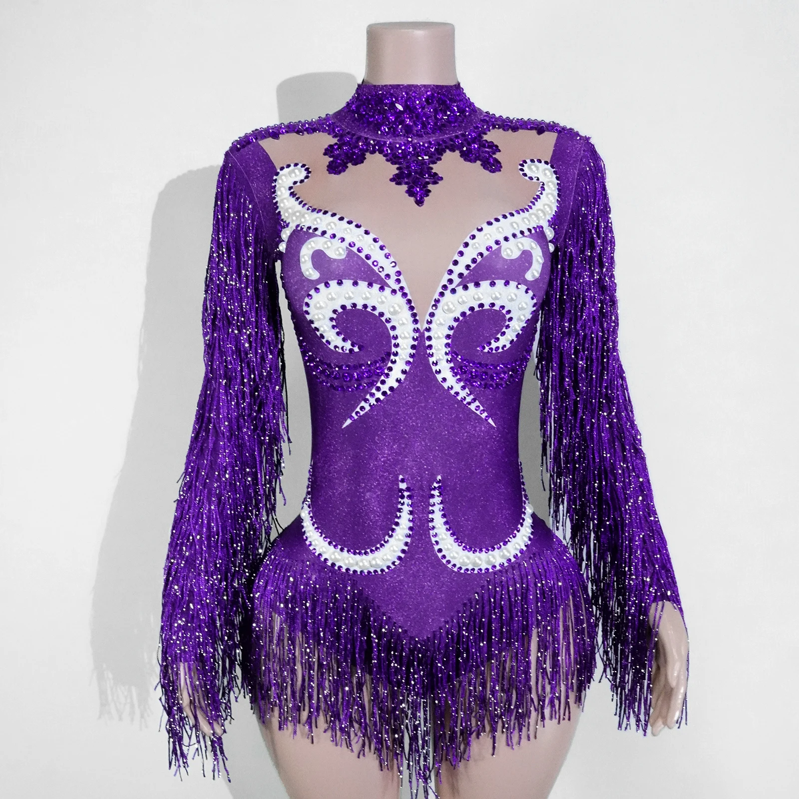 

fashion blue women crystal bodysuit tassels sexy see through club party DS performance leotard birthday Team pole dance clothing