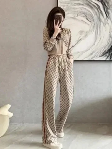 Slimming Wide Leg Pants Two Piece Set Fashionable Korean Style High Waist Long Sleeve Zipper Closure Casual Comfortable Women...