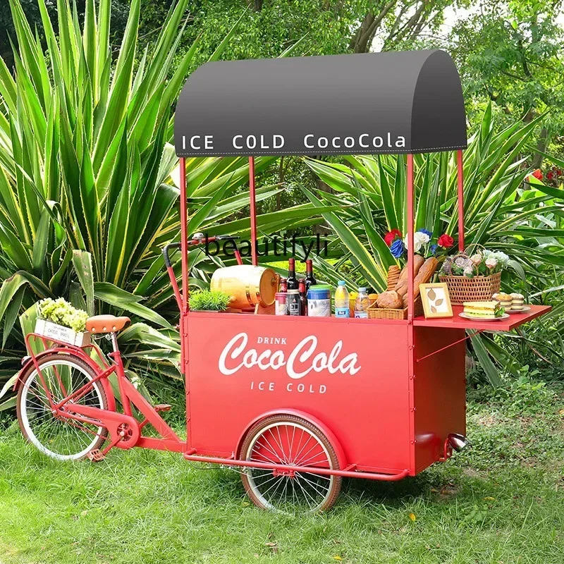 182QMobile Promotion Sale Stall Snack Cart Street View Food Three Wheel Dining Cart Bar Creative Drink Cart