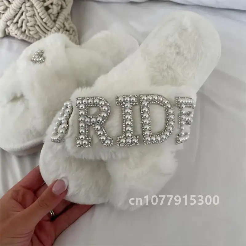 Bride to be white Fluffy Slippers Bridal Shower Wedding Honeymoon spa Sleepover Bachelorette hen do Party decoration Mrs Gift