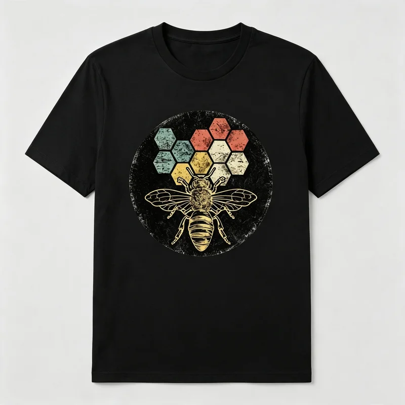 Vintage Bee Graphic T Shirt Retro Honeycomb Badge Print Pure Cotton Short Sleeve Unisex Casual Street Tee for Nature Lovers Tops