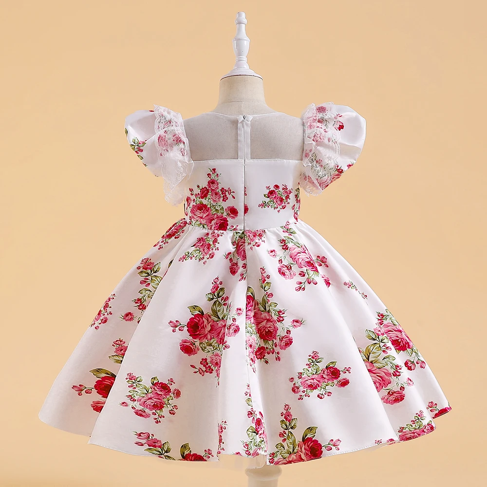 Floral Vintage Summer Dress For Girls Elegant Birthday Princess Party Dresses Puff Sleeve Lace Casual Costume Children\'s Clothes