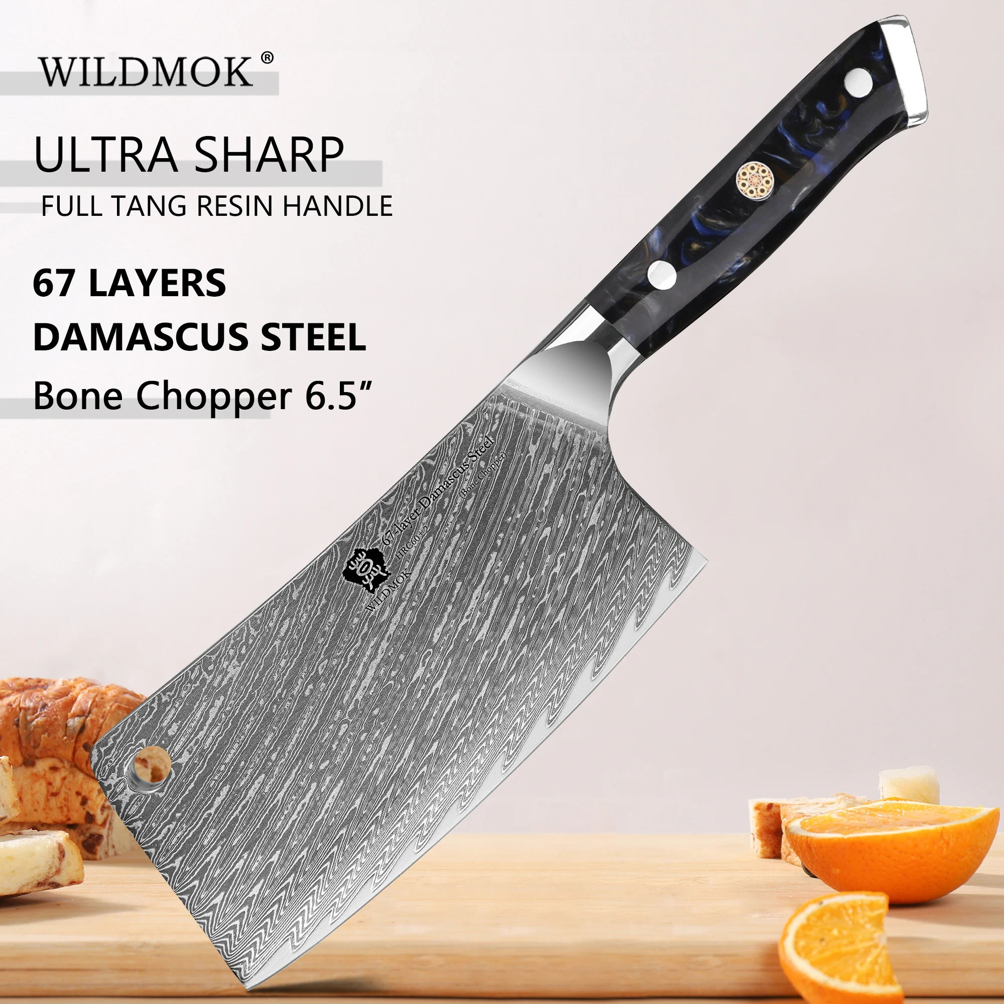 

WILDMOK 6.5 Inch Meat Cleaver Knife, Damascus Steel Heavy Duty Blade Professional Butcher Chopper with Resin Handle