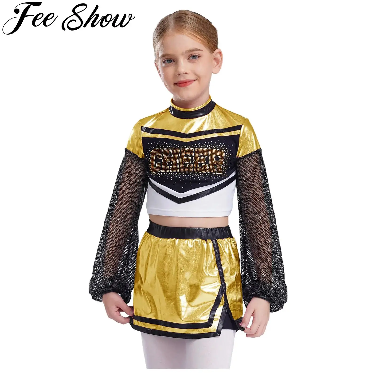 

Униформа черлидинга для девочек, костюм болельщика, ажурная сетка с длинными рукавами и стразами, укороченный топ для танцев, юбка