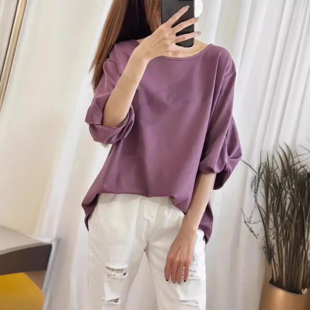 Women Top Stylish Women's Summer Tops Round Neck Three-quarter Sleeve T-shirt with Knotted Cuffs Loose Fit Pullover in for Women