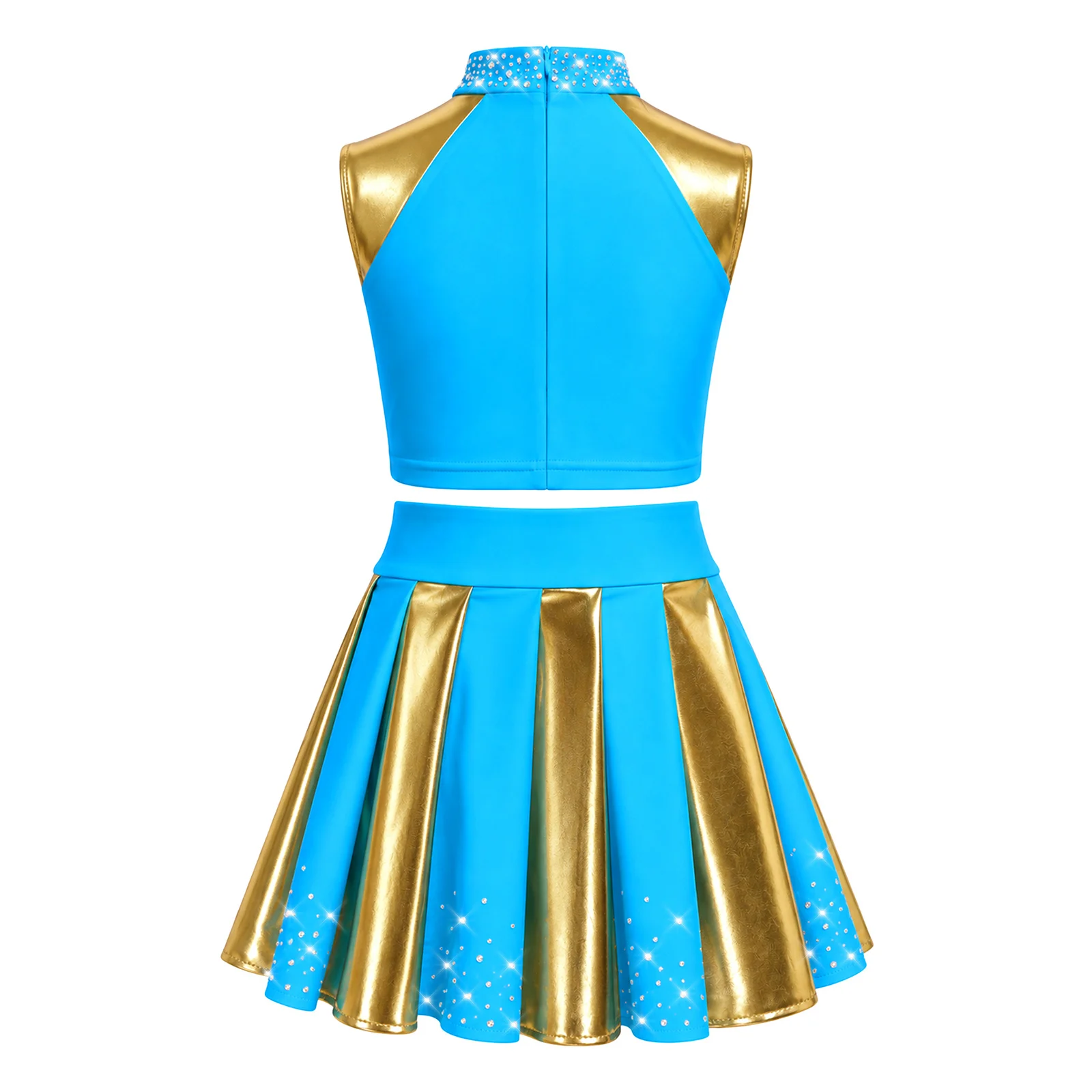 Cheerleader-Kostüm für Mädchen, Cheerleading-Uniform, 2-teiliges Set, ärmelloses Top mit Strasssteinen und „CHEER“-Aufdruck, kurzes Oberteil, plissierter Rock, Tanzoutfit. – Detail 17