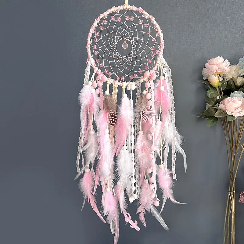 

Original girl's heart dream catcher glazed bead feather pendant hand-woven lace decoration indoor living room wind chimes