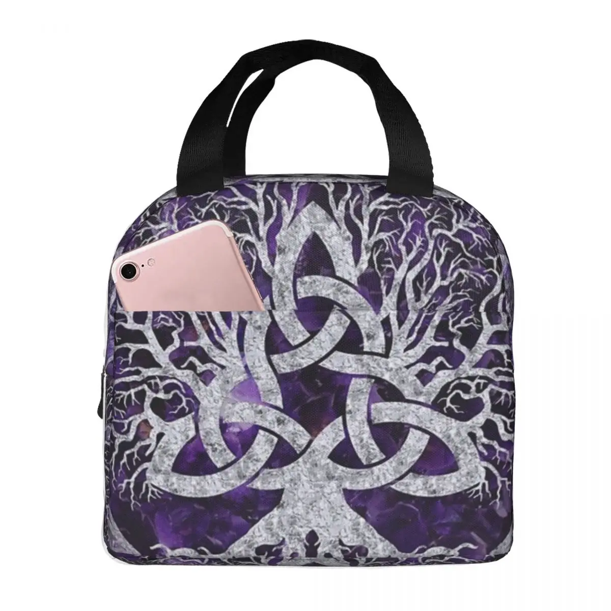 Tree Of Life With Triquetra Amethyst And Silver Lunch Bags Insulated Bento Box Lunch Tote Resuable Picnic Bags Thermal Bag