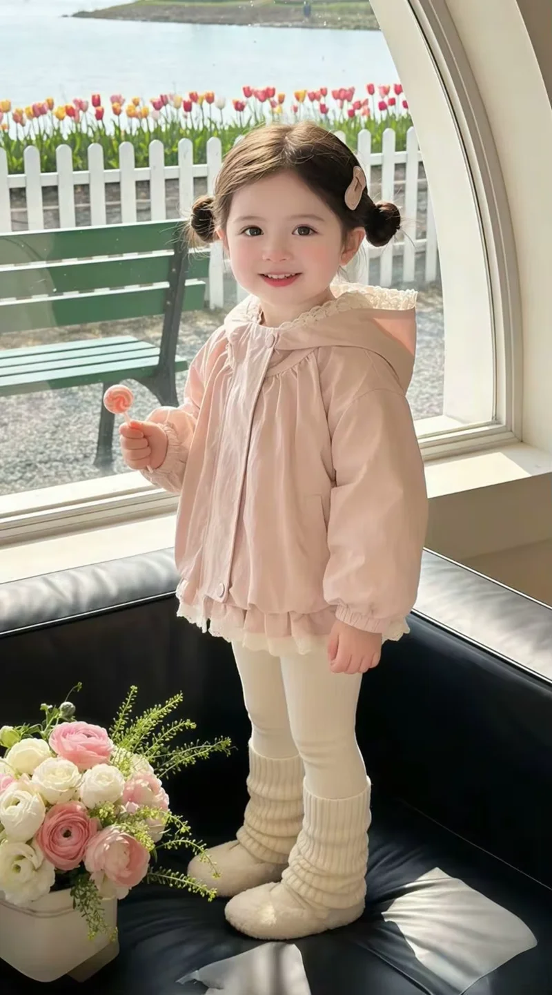Fashion Girls Cotton Hooded Trench Coat Korean Elegant Windbreaker Spring Autumn Kids Casual Jacket 80-140CM