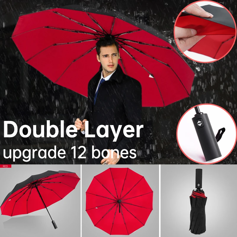 Windproof Double Layer Business Umbrella for Men, Waterproof 10/12 Bone, Reinforced Automatic Folding Sunny Rainy Umbrellas Male