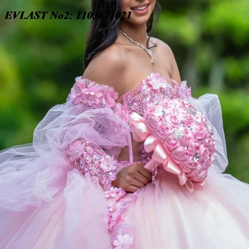 EVLAST Maßgeschneidertes glitzerndes rosa Blumen-Quinceanera-Kleid, Ballkleid, Applikation, Perlenschleife, Mexiko, Sweet 16, Vestidos 15 Anos E2QA231