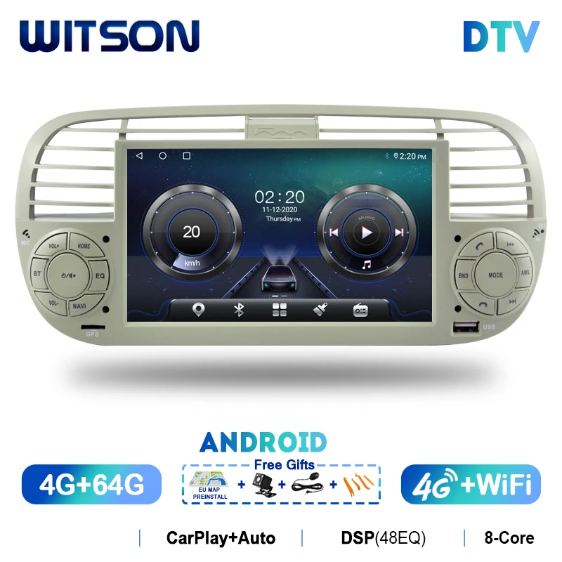 WITSON Car Stereo Android 13 Multimedia Player For FIAT 500 2007 - 2015 Built-in DSP Carplay Radio Auto Bluetooth GPS Navigation