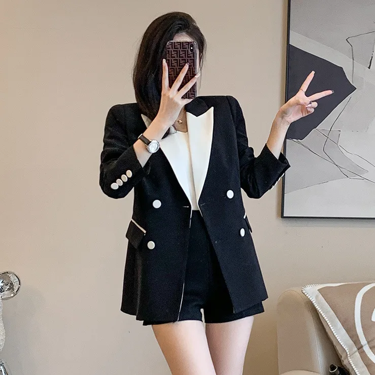 Women's Small Size Suit Jacket Autumn New Style High Waist Waist-Cinching Color Block Design Premium Feel Fashionable Streetwear