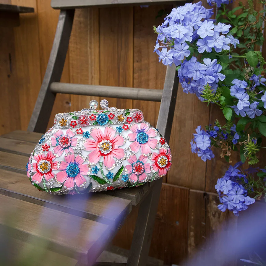 Rhinestone Colorful Enamel Flower Clutch Bag For Women French Elegant Heavy Industry Luxury Design Hollow Out Box Banquet Bags