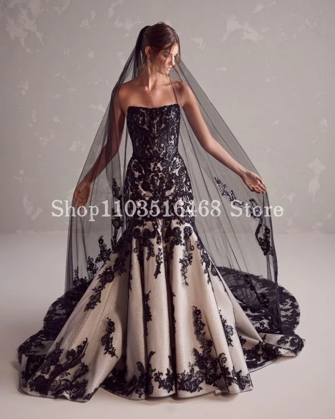 Vestidos de casamento góticos femininos, vestidos de noiva pretos, bordados, mexicanos, magros, sereia, elegantes, 2021