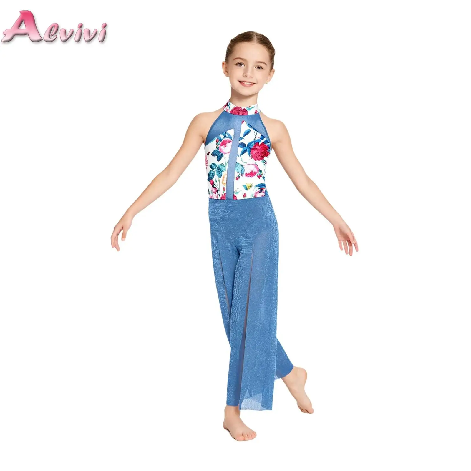 

Kids Girls Shimmery Printed Ballet Gymnastics Jumpsuit Contemporary Lyrical Dance Unitards Bodice Mesh Split Wide-Leg Bodysuits