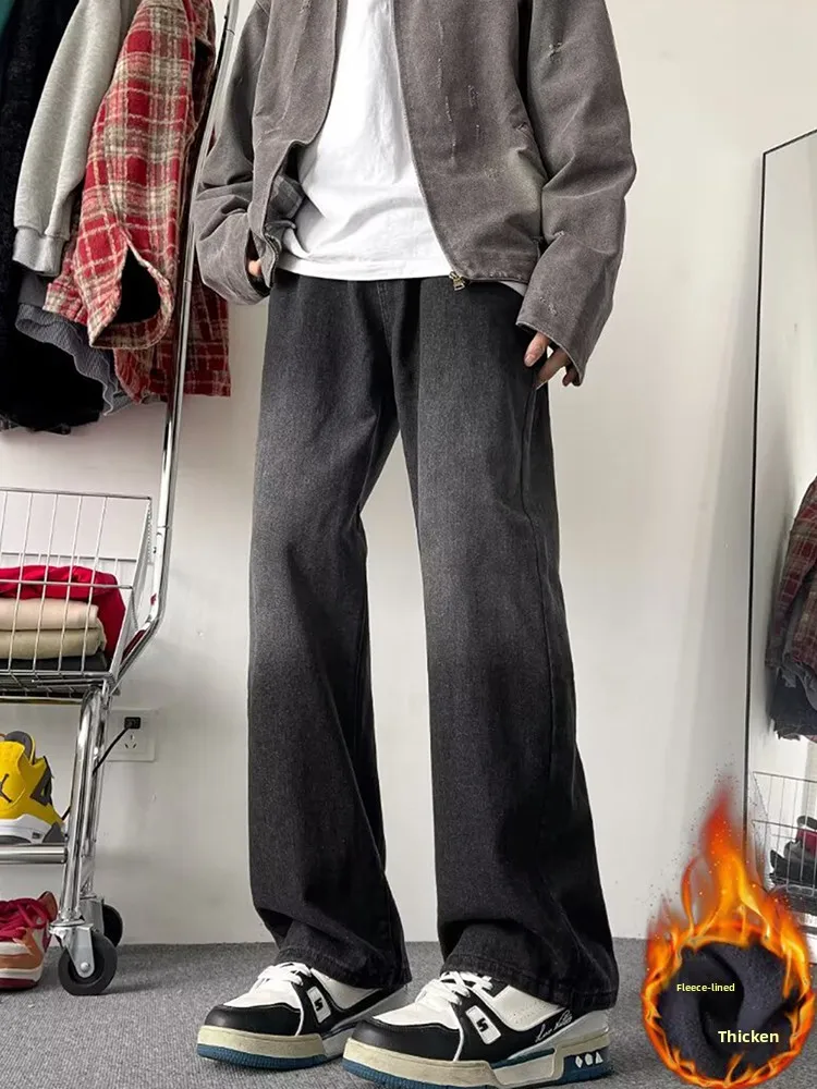 

Мужские джинсы с флисовой подкладкой, прямые, свободные, повседневные, буткат, зимние, молодежные, модные, водонепроницаемые