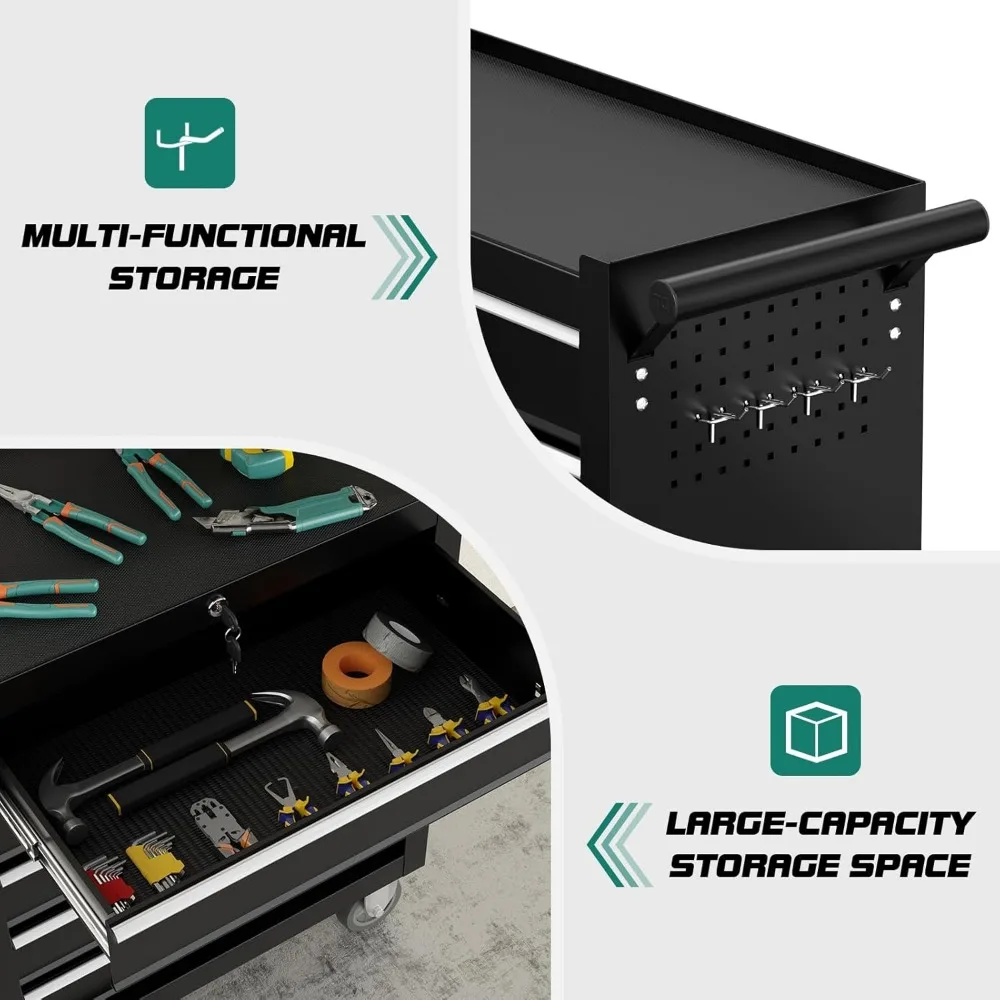 Caja de herramientas portátil con ruedas de 5 cajones, sistema de bloqueo con llave y revestimientos de cajones para almacenamiento y organización de herramientas definitivas