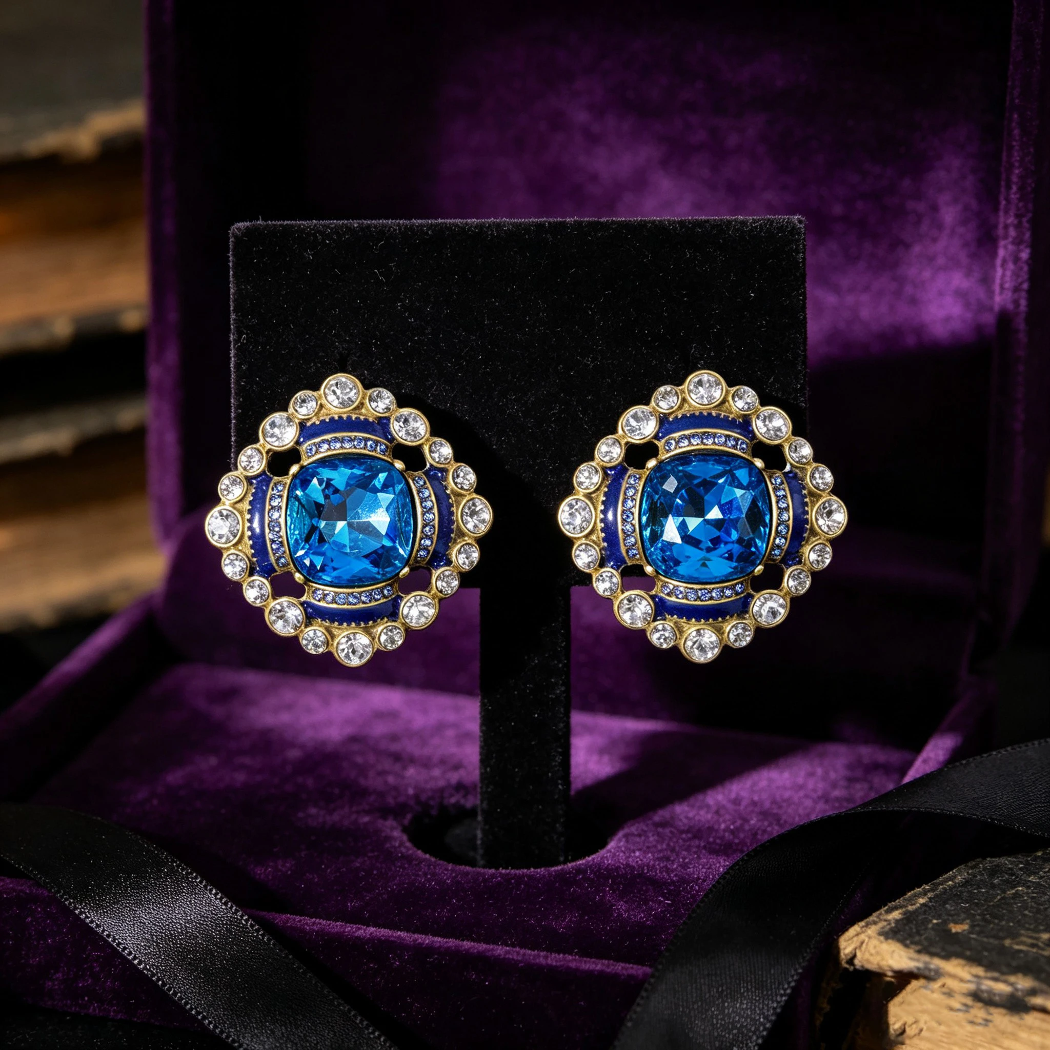 Vintage Blue enamel gemstone Inlaid Rhinestone earstud earrings for women‘s girl party gift jewlry whosale