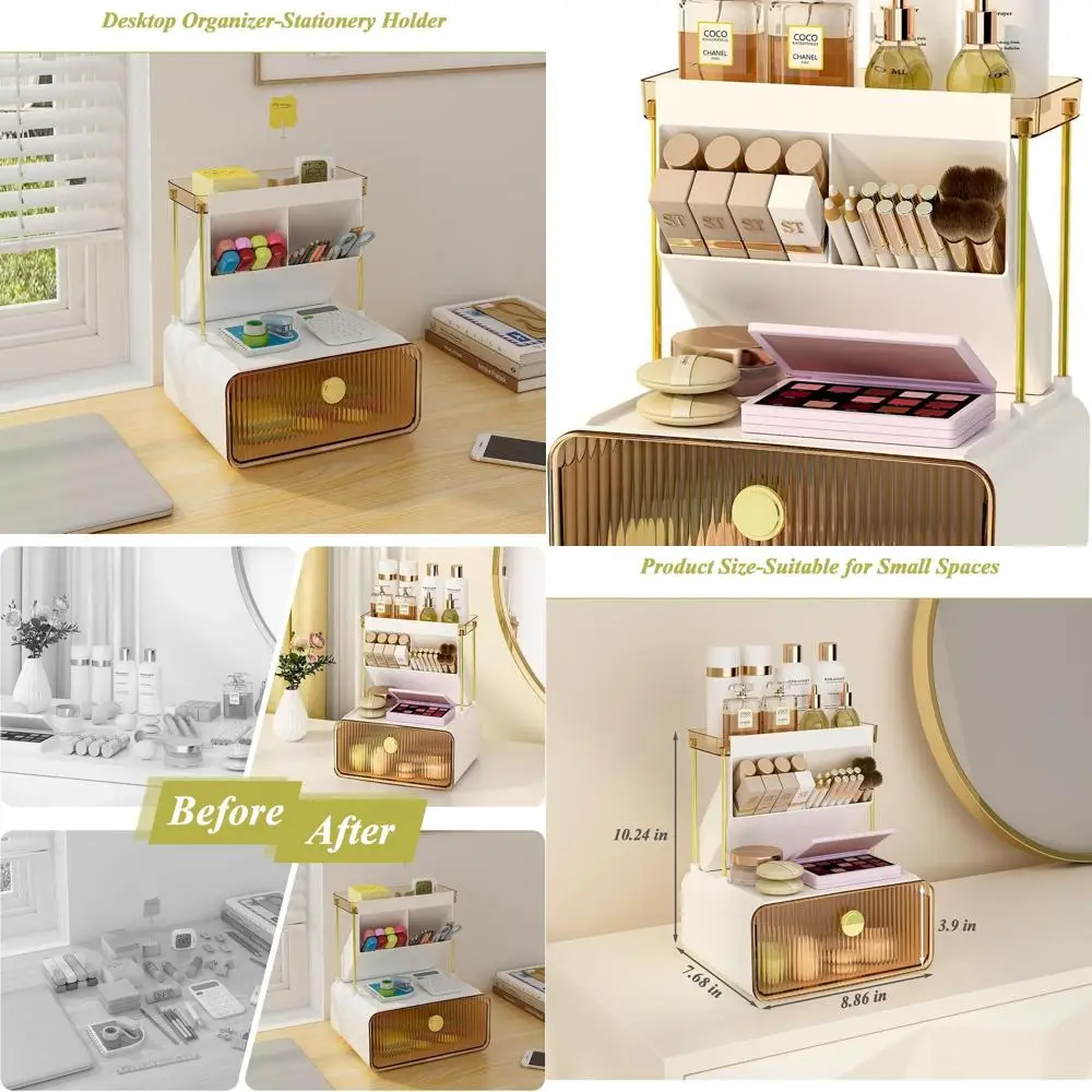 

Amber 3-Tier Makeup Organizer with Drawer, Vanity Cosmetic Display for Lipsticks and Brushes, Compact Beauty Supply Organizer fo
