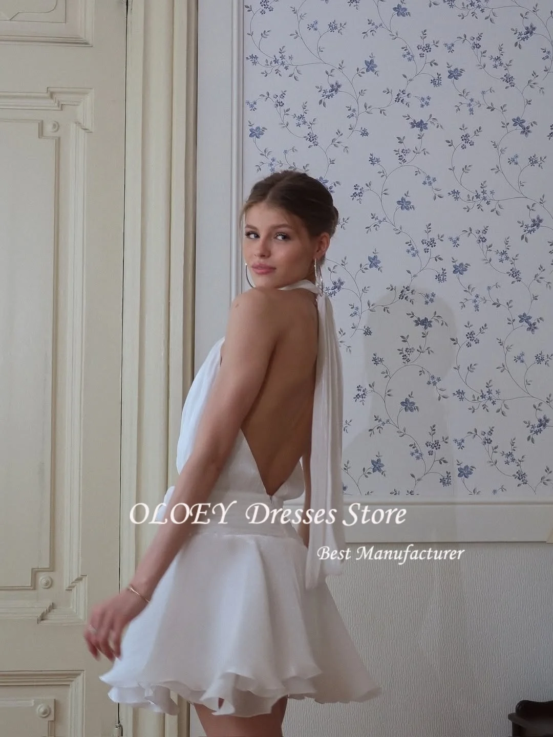 OLOEY Elegant Ivory A-Line ชุดราตรี Halter Ruffle Draped พรรคอย่างเป็นทางการชุดแขนกุดที่กําหนดเองชุด