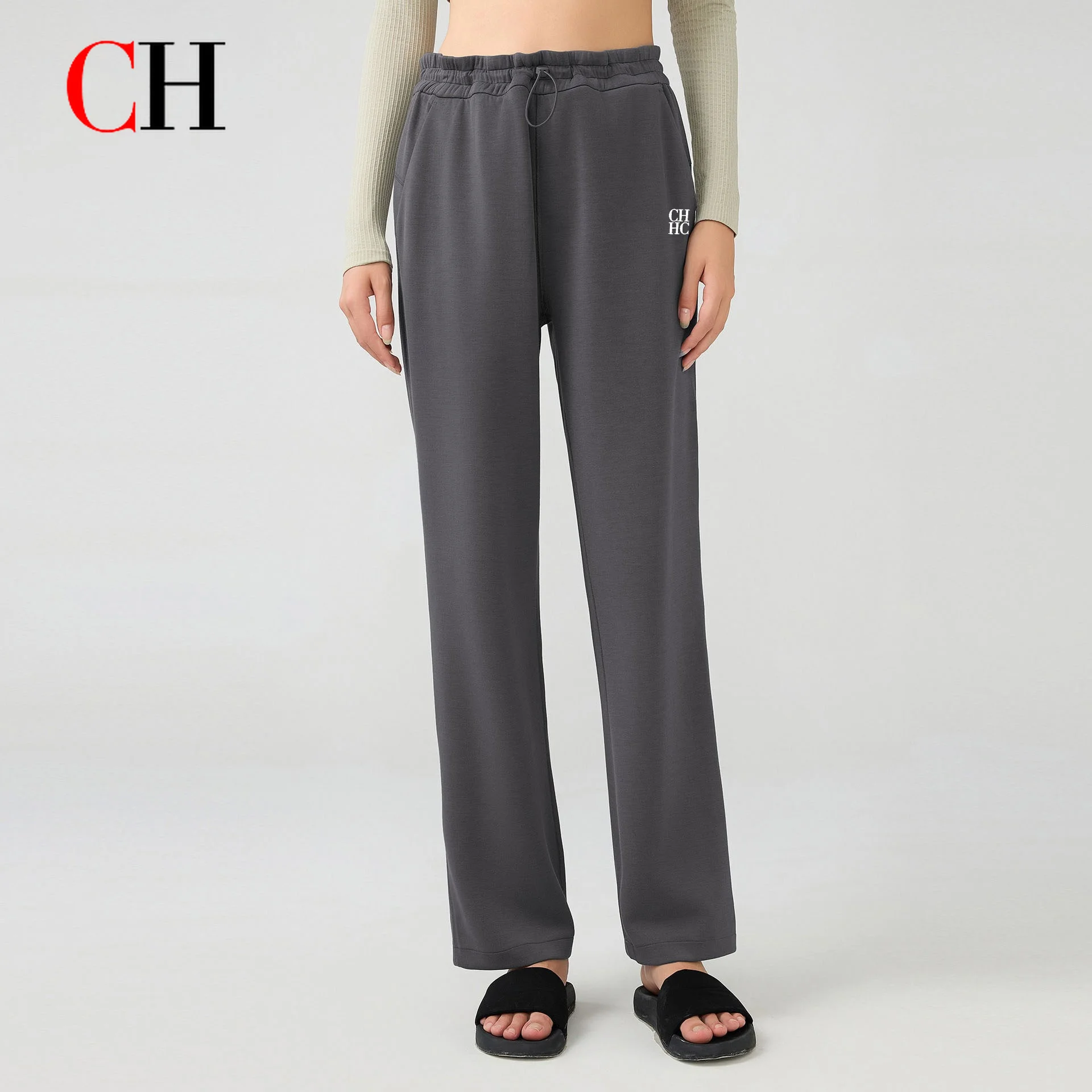 CH Women Loose Wide Leg Sweatpants High Waist Casual Jogger Pants Solid Color Sports Trousers Streetwear