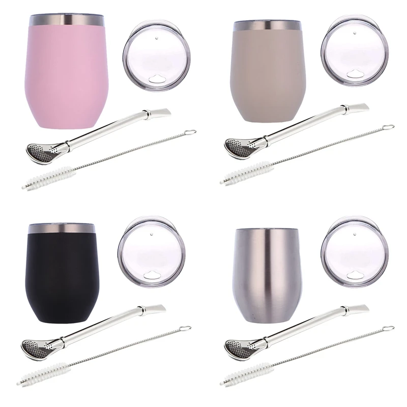 Double-Wall Stainless Yerba Gourd Mate Tea Set Coffee Cups Water   Cup with Lid Spoon Straw Bombilla Head Filter Brush