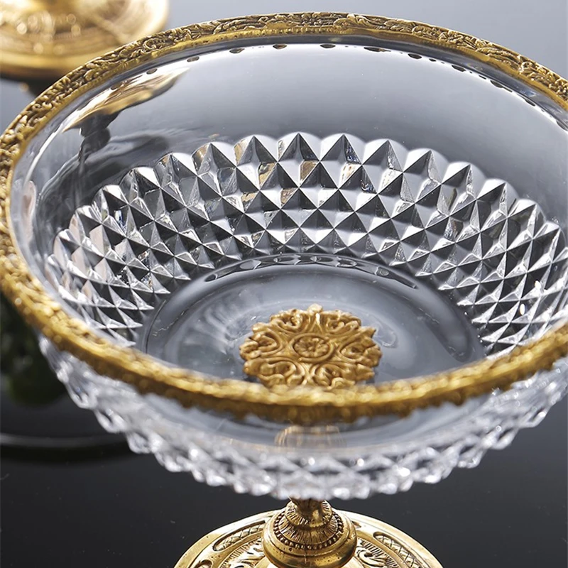 Crystal High Foot Storage Tray Brass Base Livingroom Ornaments Fruit Plate Elegant Luxury Home Coffeetable Dinnertable Storager
