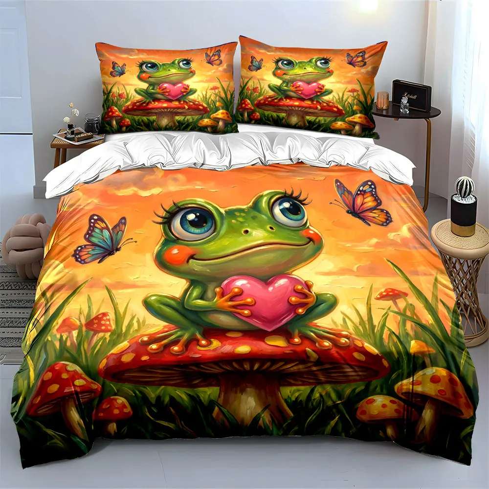 Frog hugs pink heart, mushroom field butterflies Printed Duvet Cover Set 1 Duvet Cover+2 Pillowcase Multi Size Bedroom Decor