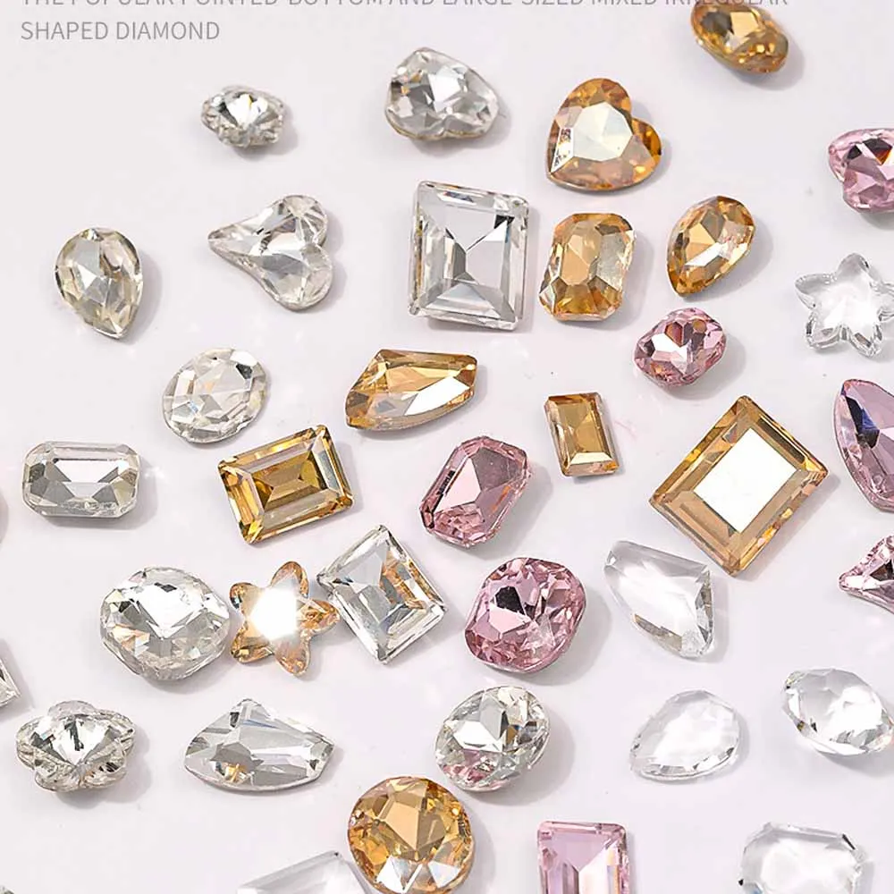 50Pcs Big Sizes Champagne Rhinestones 3D Oval/Square Round/Heart Mix Gems Stones Shiny Multi-Shapes Gems Stones Nail Charms R5@