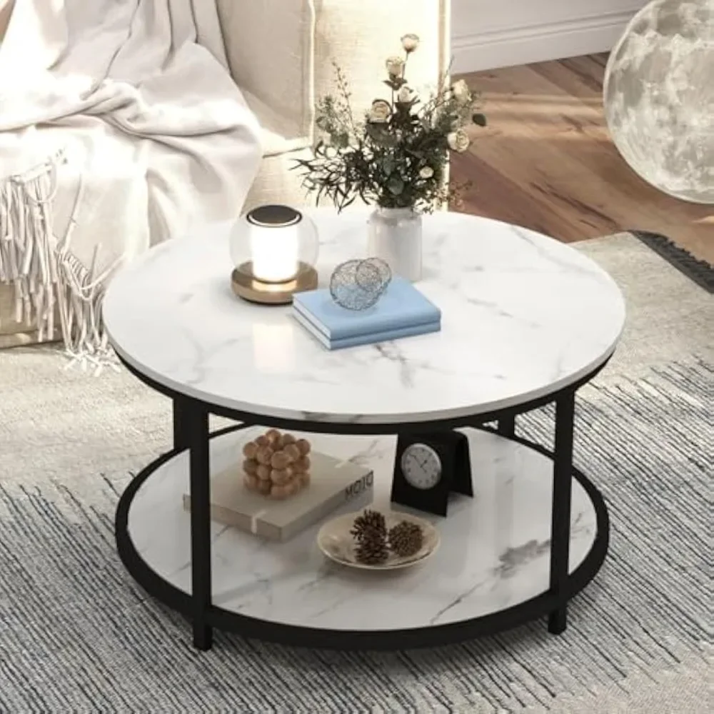 

33.5” Round Coffee Table, 2-Tier Coffee Table for Living Room, Modern Wood Side Table with Open Storage Compartment