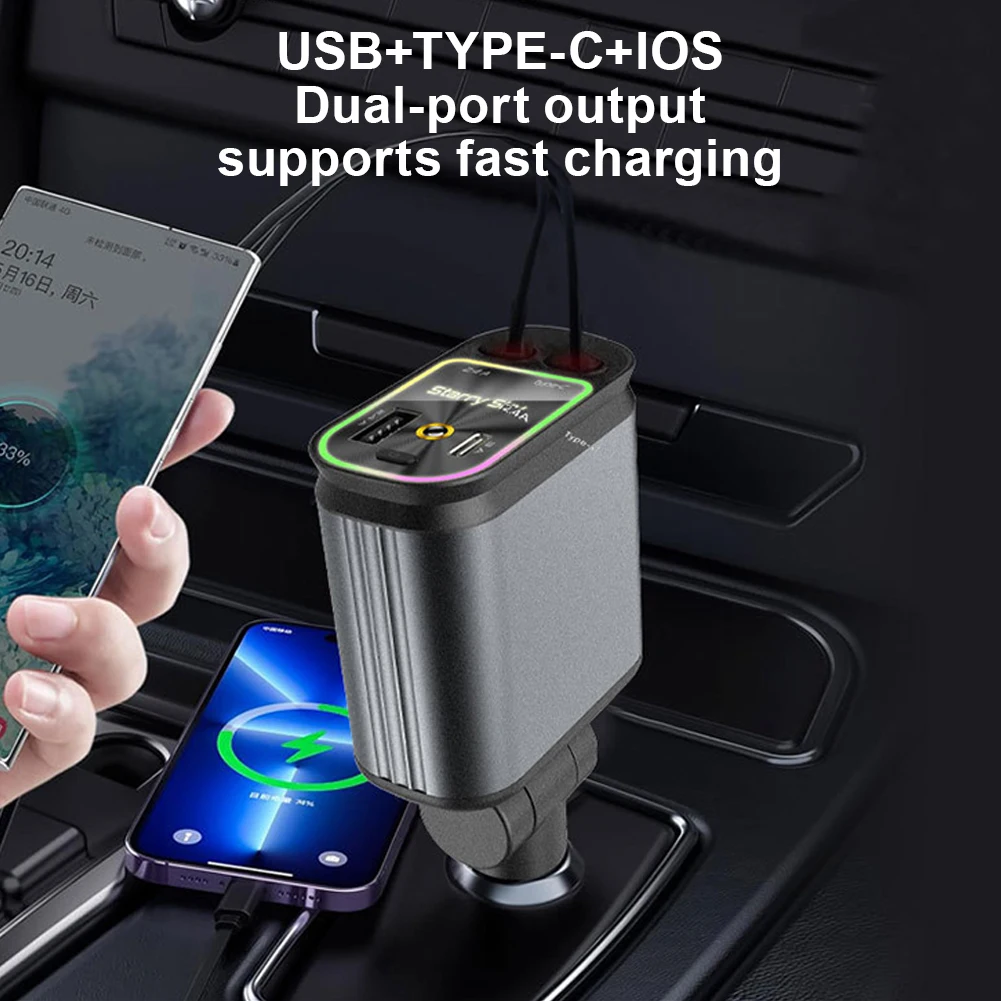 4 In 1 Retractable Car Charger With Starlight In Car Roof, 120W Car Charger USB C Fast Charging Adapter & Dual Charge Ports