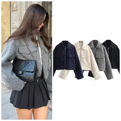 Fall/Winter 2024 Chic Street Coat for Casual Women with Pocket Front Zipper Vintage Lapel Bomber Jacket with Long Sleeves