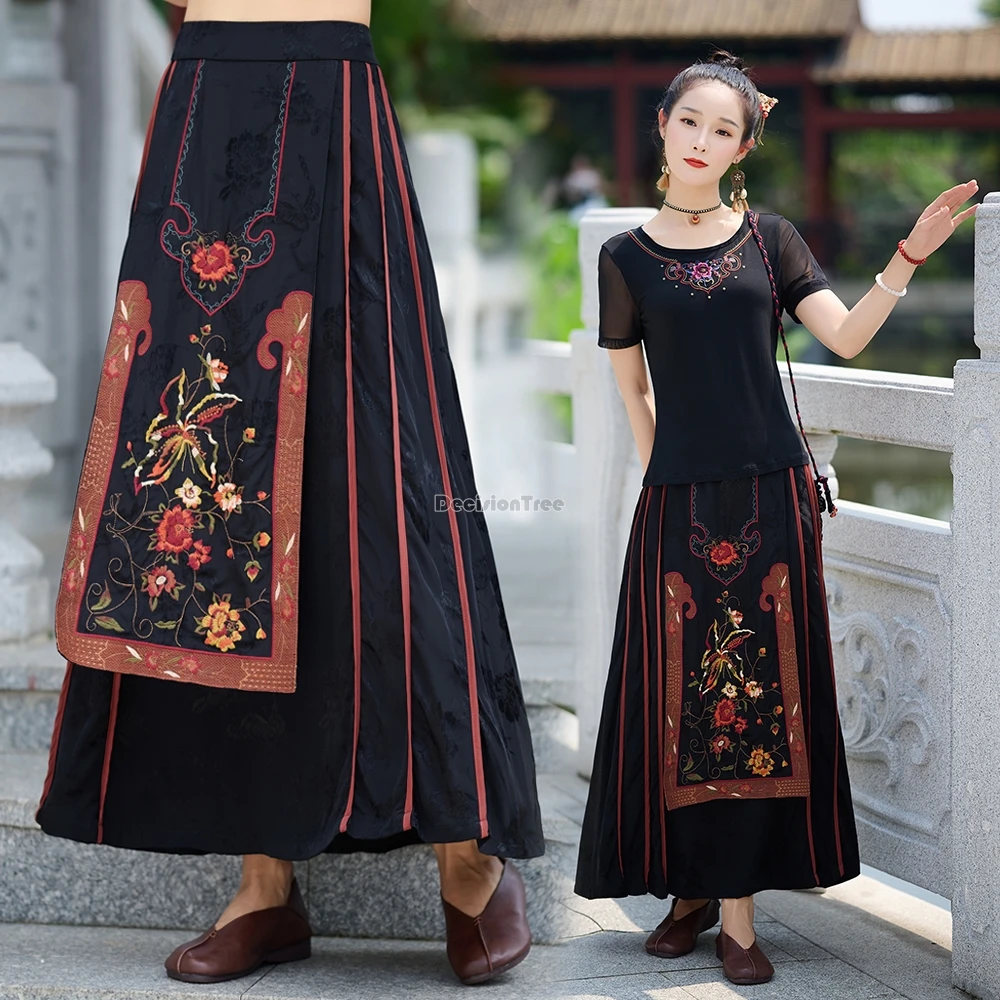 2024 chinese national style embroidery satin jacquard elastic waist long women retro fashion daily elegant chinese skirt t001