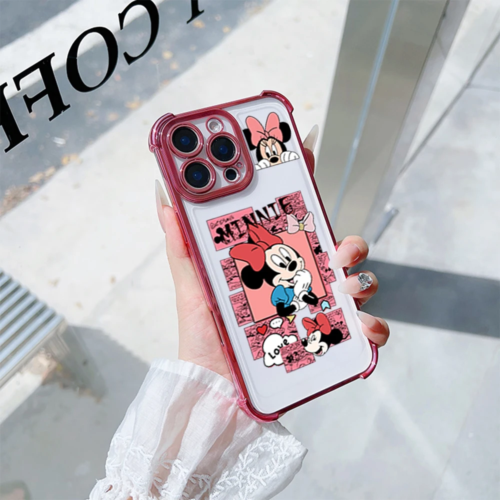 MINISO M-Minnie Mouse Phone Case For iPhone 16 12 13 14 15 Pro Max Plus Color Electroplate Four Corner Anti-drop Color Cover