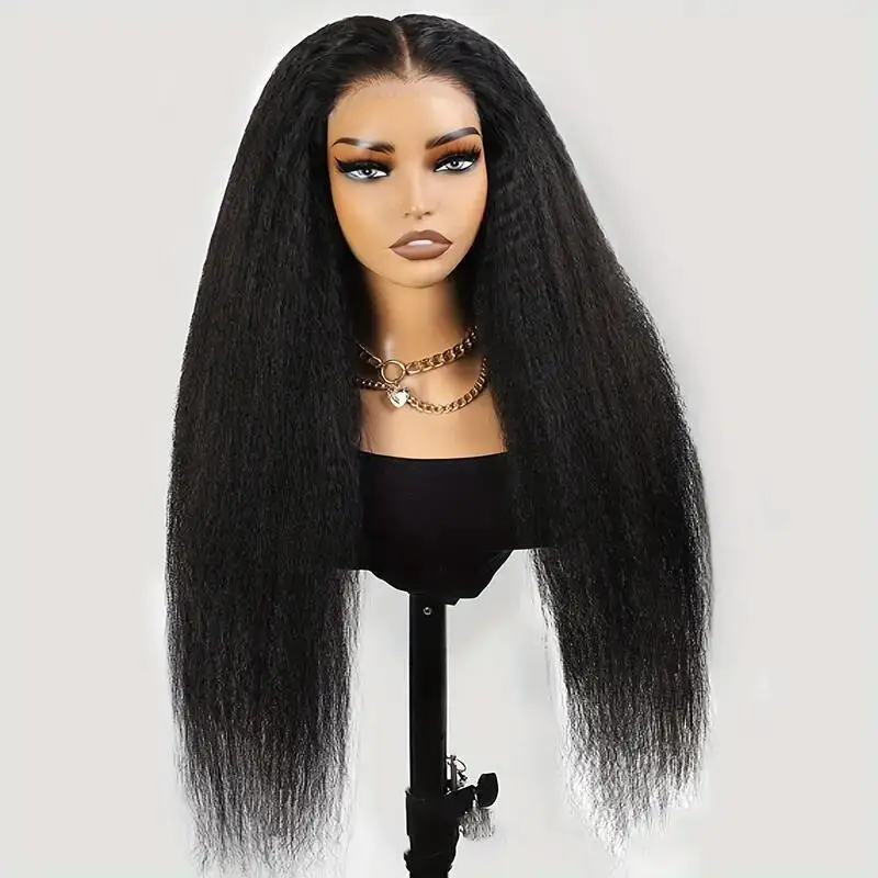 부드러운 야키 26인치 긴 내추럴 블랙 킨키 스트레이트 레이스 프론트 가발 (여성용, 합성 섬유, 앞머리 뽑아낸 상태, 접착제 필요 없음, 베이비 헤어, 데일리 사용)