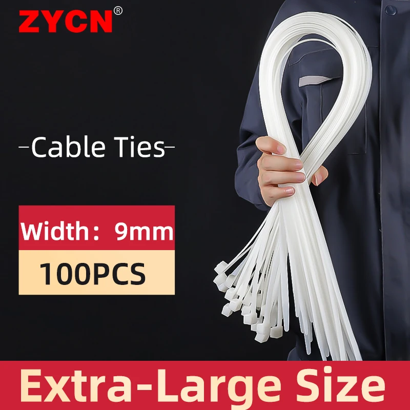 

ZYCN 100Pcs Width 9MMx 400/500/600/1200 Self-Locking Nylon Cable Ties Black Harness Fixed Bicycle Plastic Extra-Large Thickening