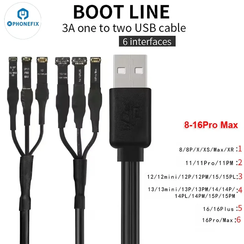 WYLIE Power Cord 3A 1 To 2 USB Cable (6 Interfaces) DC Power Supply Cable For iPhone 8-16Pro Max Motherboard Repair Boot Line