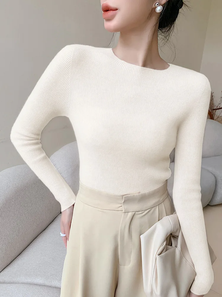 Women\'s sweater O-neck basic pullover sweater Spring and Autumn new 100% merino wool slim solid color sweater fashion top