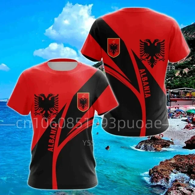 2024 New 3Dprint Flag Albanian Symbol Casual Fashion Street Men's Summer T-shirt Short Sleeve  maillot de football