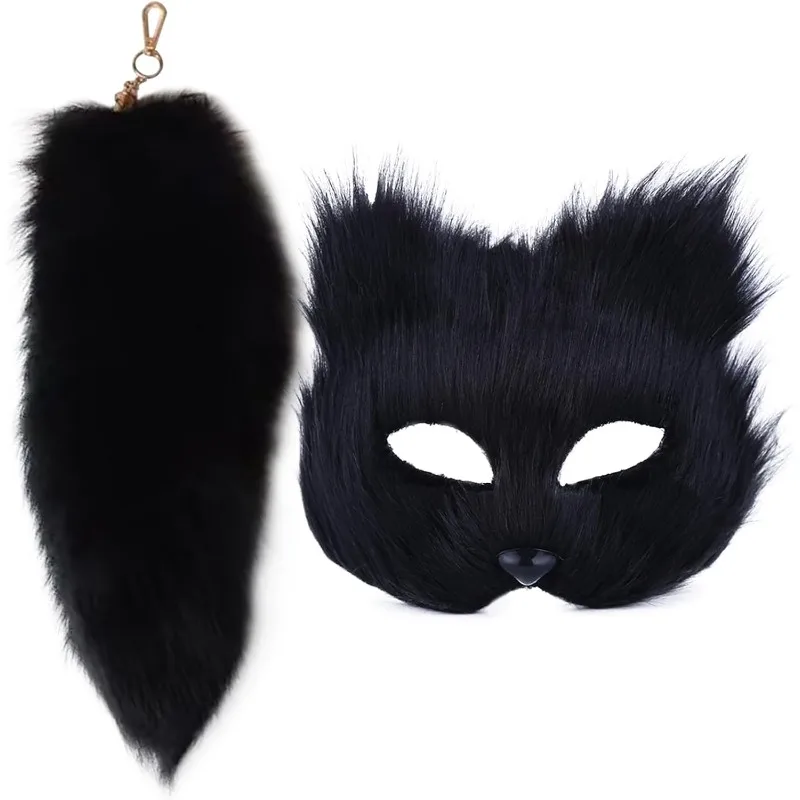Therian Furry Fox Mask with 16'' Long Tail Keychain Half Face Masquerade Mask for Cosplay Costume Party Accessory