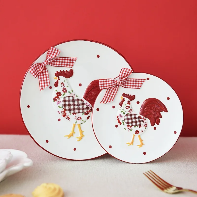 Round Ceramic Plate Stereoscopic Relief Jar Salad Bowl Red Cartoon Chicken Pattern Porcelain Tableware Household Dessert Tray