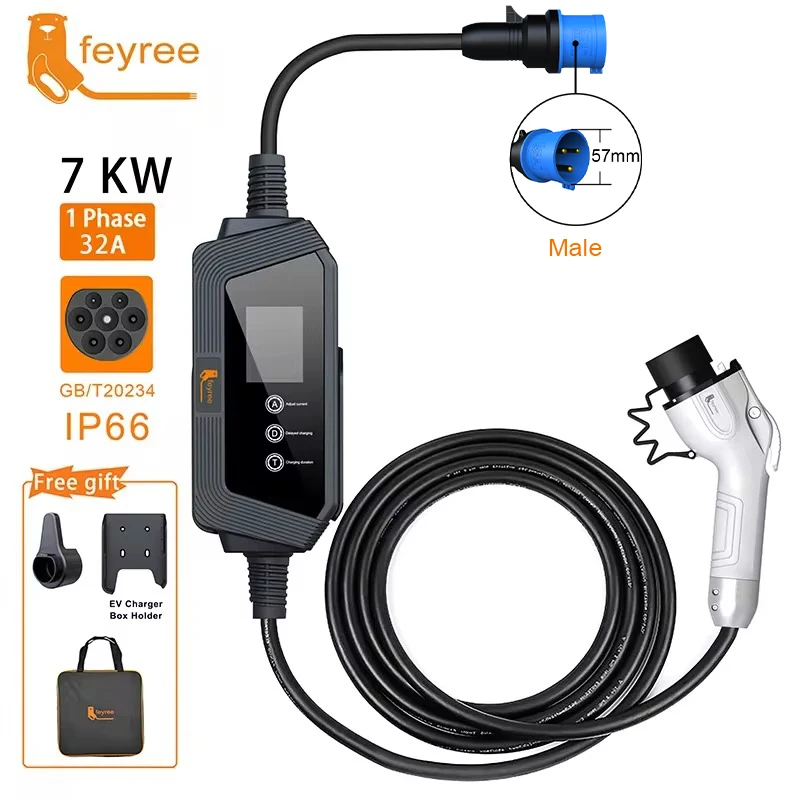 feyree EV Charger Portable 7KW 32A 1Phase GBT Charger 5M Cable with CEE Plug for Electric Vehicle Car Charger EVSE Charging Box