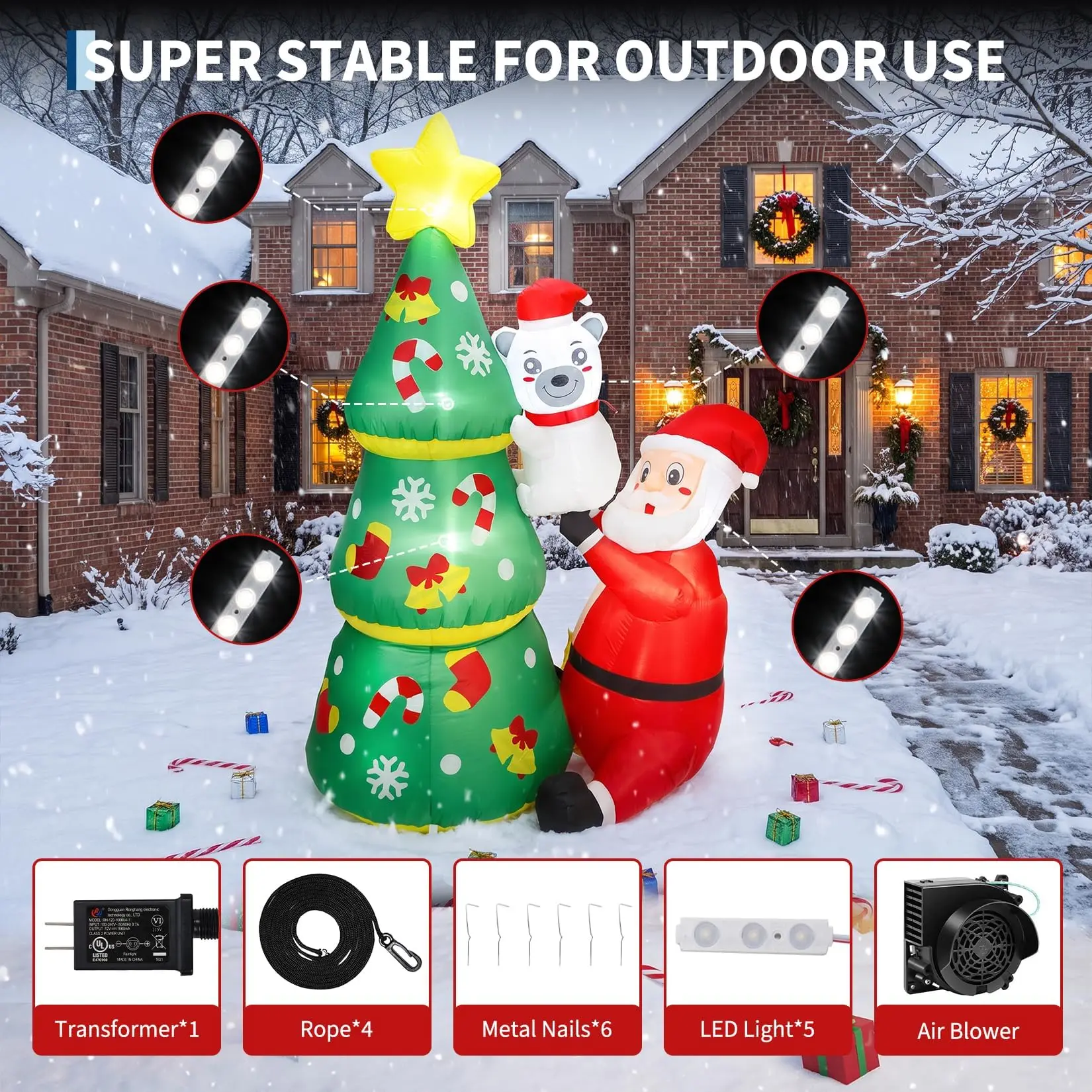 7ft Christmas Inflatable Santa & Polar Bear With Tree, Lighted Blow Up Yard Decor With Leds, Blower, Stakes For Home Lawn Garden Porch 4