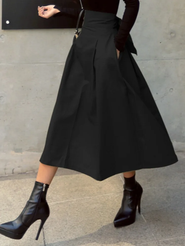 Retro Slimming Waist Half Skirt Women's Spring Autumn Super Popular  Knot Versatile A-Line Umbrella Long Skirt