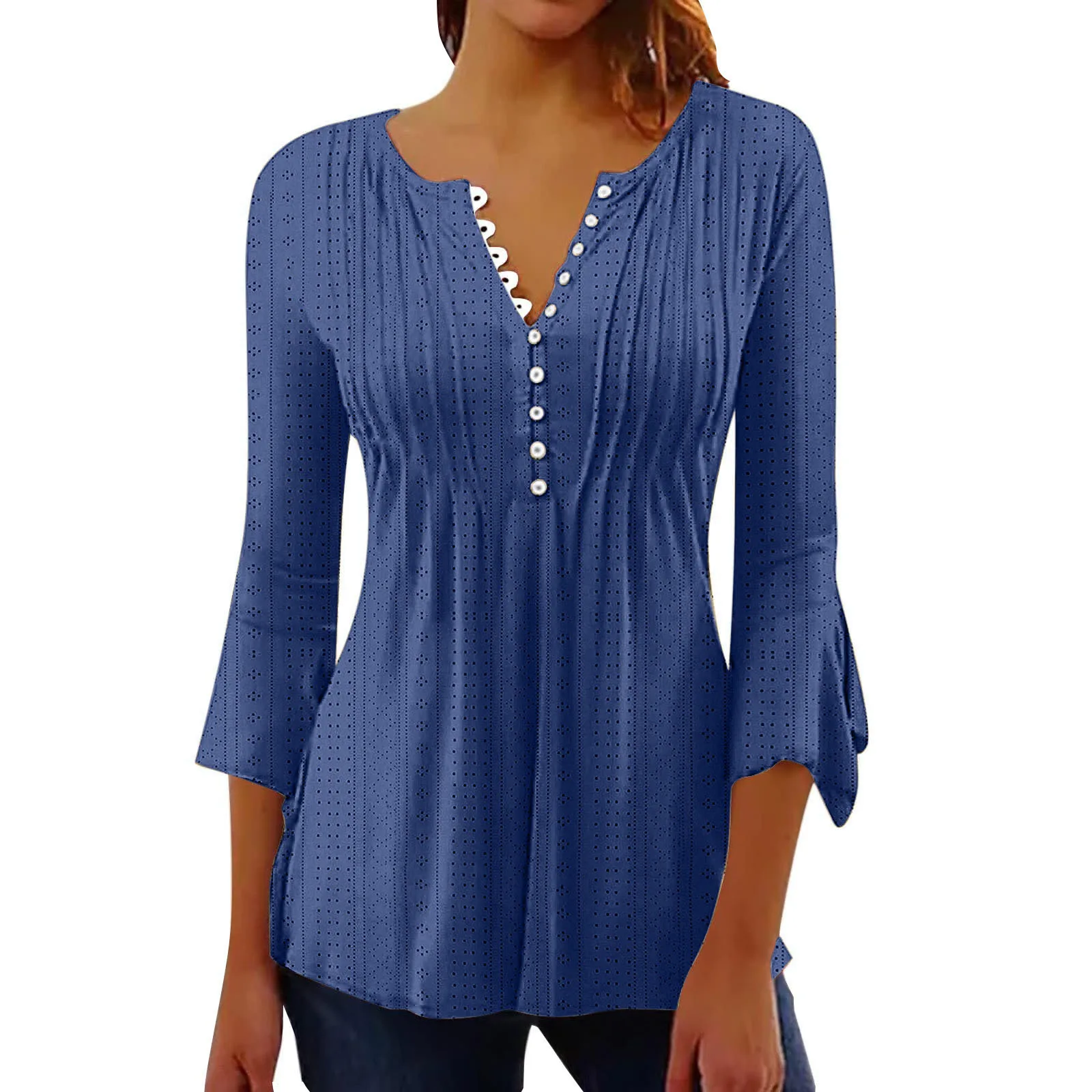 

Elegant Office Ladies Hollow out Blouses Solid Color Casual Tunic Tops Spring Womens 3/4 Sleeve V-neck Buttons Shirts Blusa