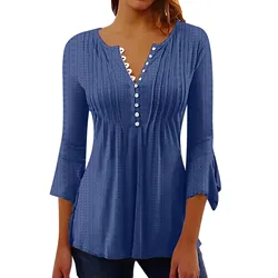 Elegant Office Ladies Hollow out Blouses Solid Color Casual Tunic Tops Spring Womens 3/4 Sleeve V-neck Buttons Shirts Blusa